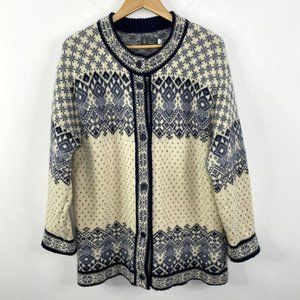 Icelandic Womens extra Large Nordic Fair Isle Knit Long Cardigan Sweater Jacket